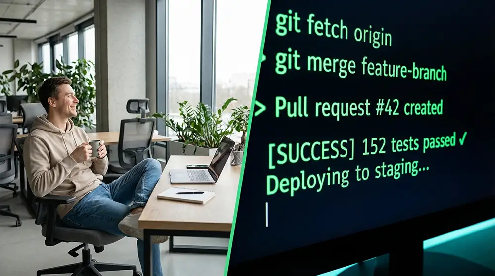Écran divisé montrant un développeur et son agent IA exécutant des tâches de programmation en arrière-plan