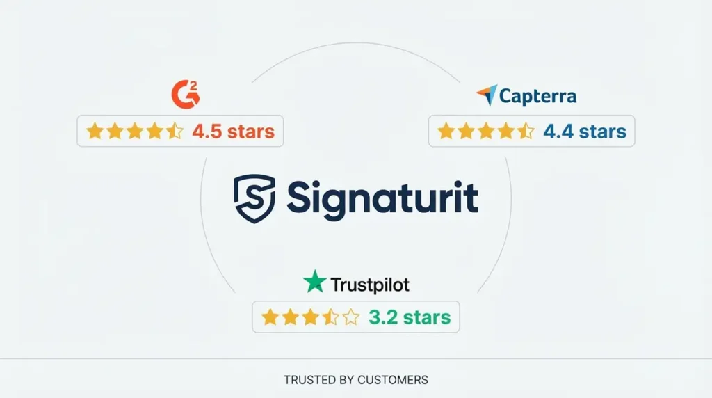 Synthèse des avis clients sur Signaturit, montrant les notes des plateformes G2, Capterra et Trustpilot pour le logiciel de signature électronique.