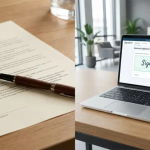 Analyse et avis sur le logiciel de signature électronique Signaturit, montrant son interface sur un ordinateur portable à côté d'un contrat papier.