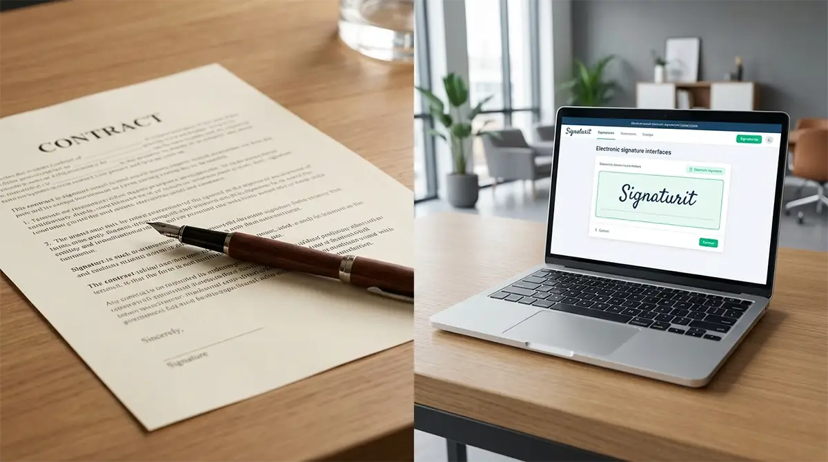 Analyse et avis sur le logiciel de signature électronique Signaturit, montrant son interface sur un ordinateur portable à côté d'un contrat papier.