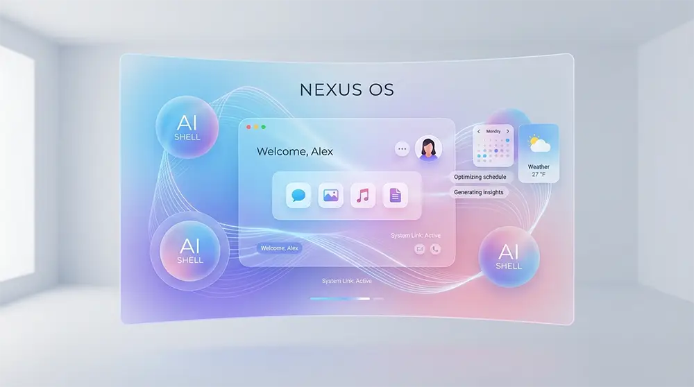 Vision futuriste d'une interface système pilotée par une intelligence artificielle intégrée.