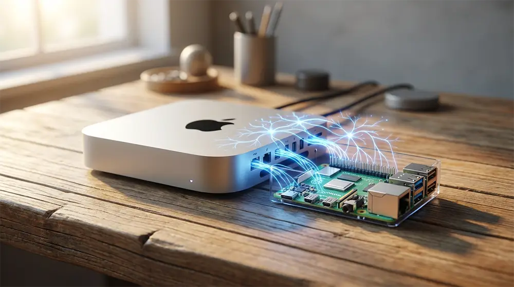 Un Mac mini et un Raspberry Pi illustrant l'hébergement local de l'agent Moltbot pour la protection des données.