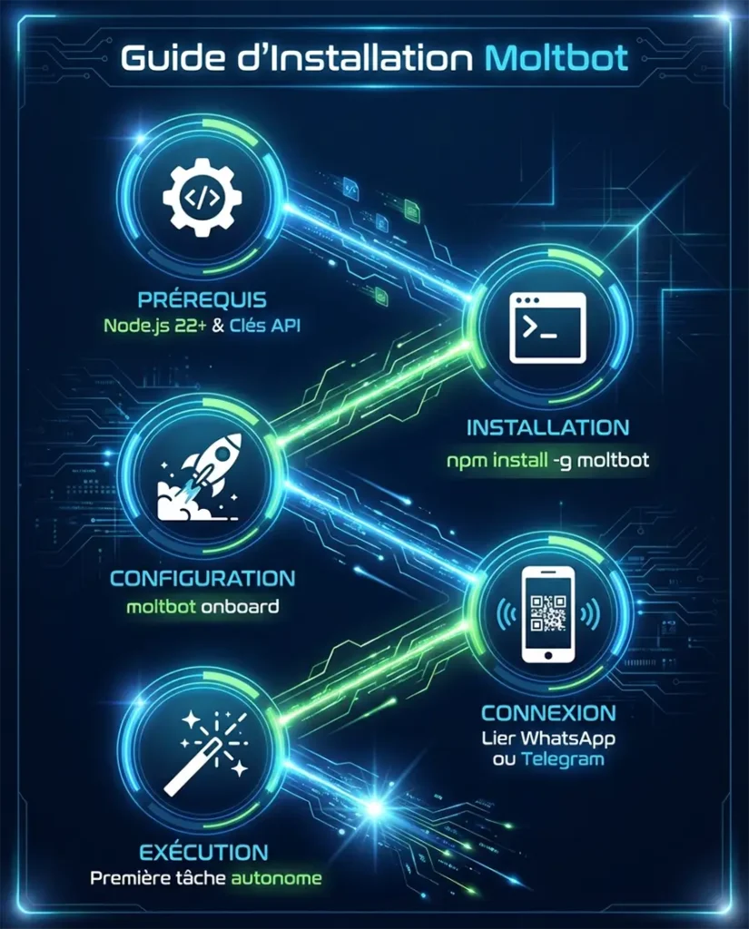 Infographie détaillant les 5 étapes clés pour installer et configurer Moltbot de A à Z.