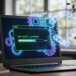 Écran d'ordinateur affichant une commande d'installation dans un terminal avec des éléments graphiques symbolisant l'automatisation