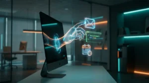 Représentation conceptuelle d'un agent IA manipulant des outils numériques de manière autonome.