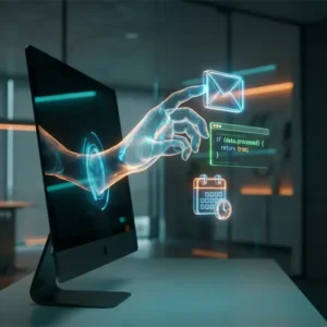 Représentation conceptuelle d'un agent IA manipulant des outils numériques de manière autonome.