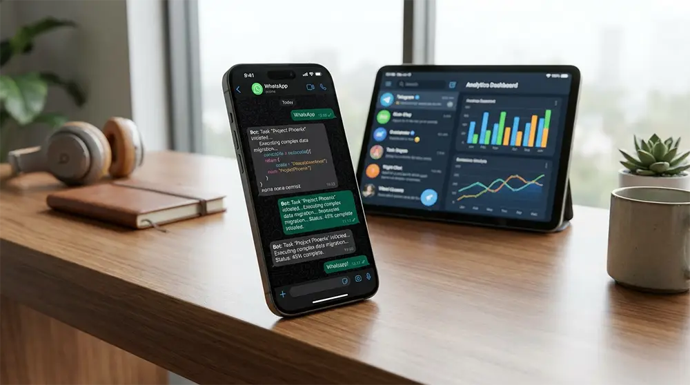 Interfaces WhatsApp et Telegram montrant des interactions en langage naturel avec l'agent autonome Moltbot