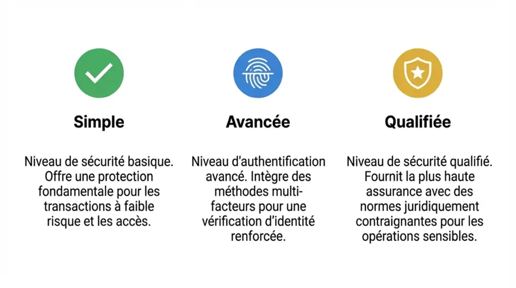 Infographie expliquant les 3 niveaux de signature électronique (simple, avancée, qualifiée) selon le règlement eIDAS, illustrant la force de Signaturit sur la signature avancée.
