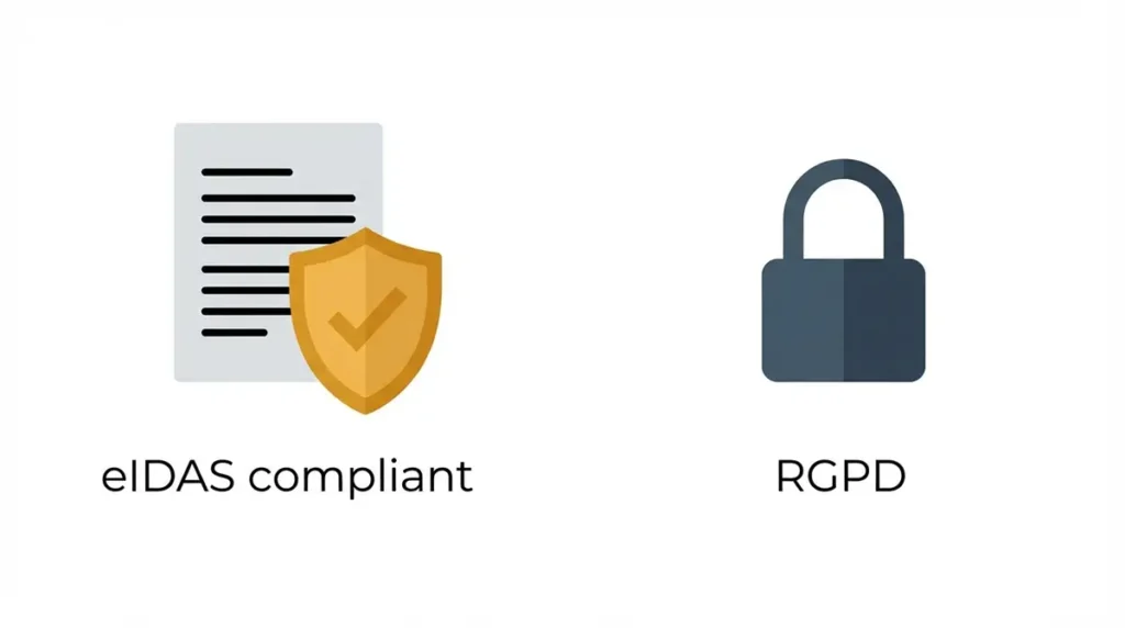 Illustration de la sécurité et conformité de Signaturit, avec des icônes de bouclier pour la norme eIDAS et de cadenas pour le RGPD