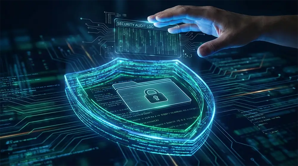 Représentation visuelle de la sécurité et de l'audit des logs pour un agent IA autonome.