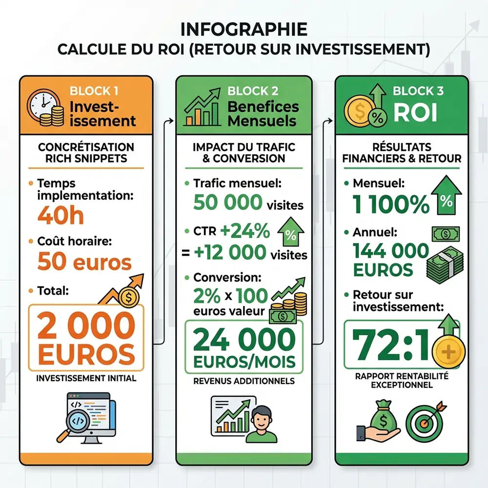 Calcul de ROI concret des rich snippets : investissement 2 000€, retour 144 000€/an, ratio 72:1