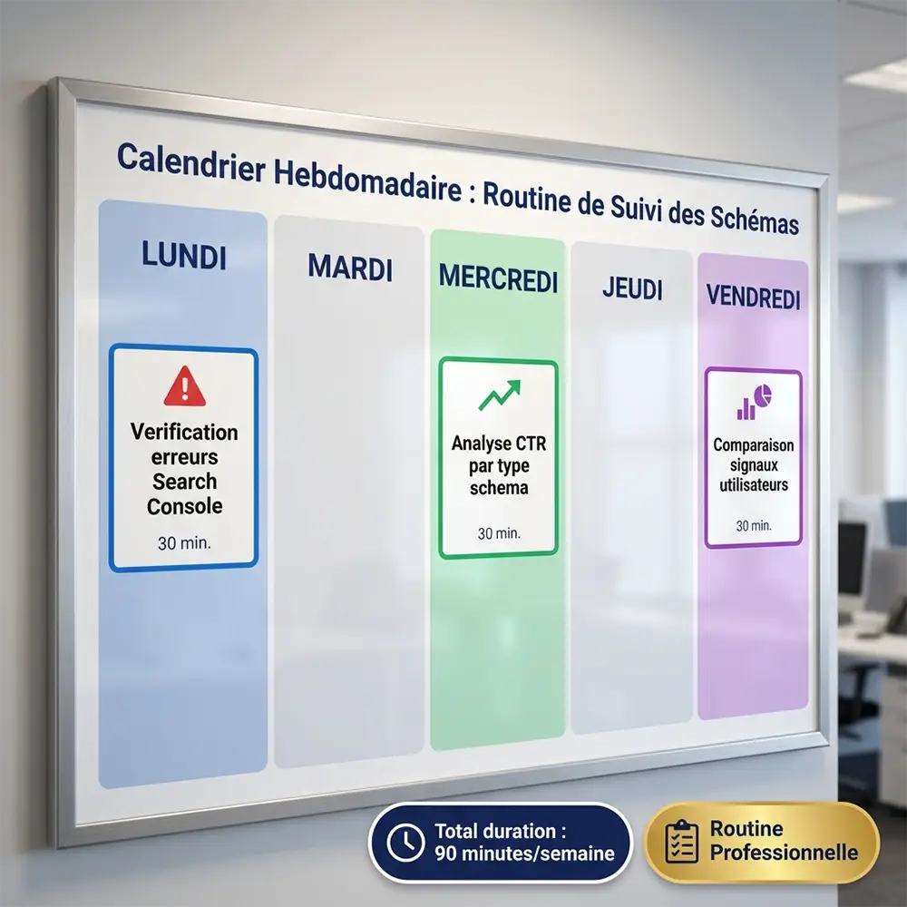 Calendrier de routine hebdomadaire pour monitoring des rich snippets : lundi erreurs, mercredi CTR, vendredi engagement