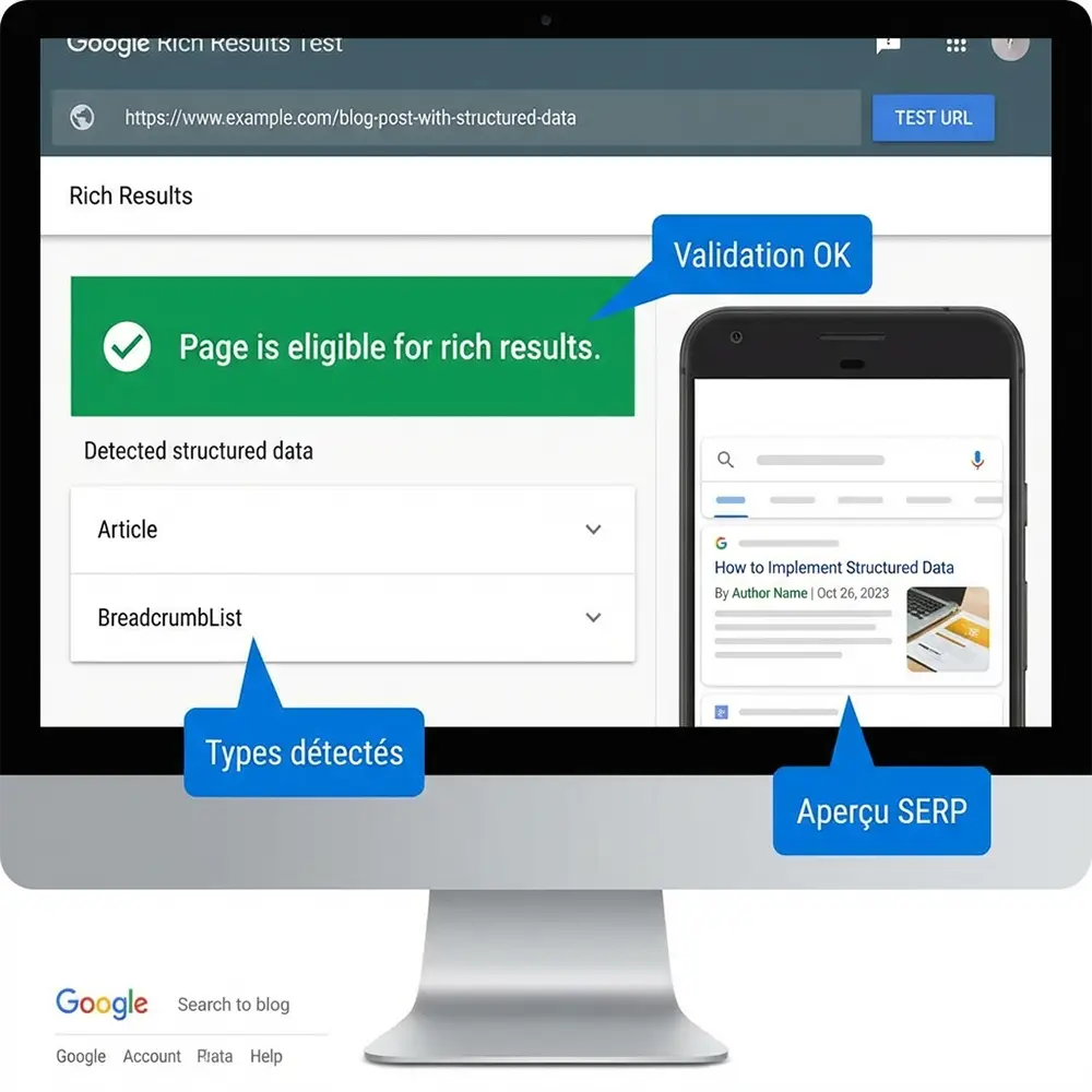 Google Rich Results Test affichant validation réussie et aperçu du rich snippet Article dans les SERP