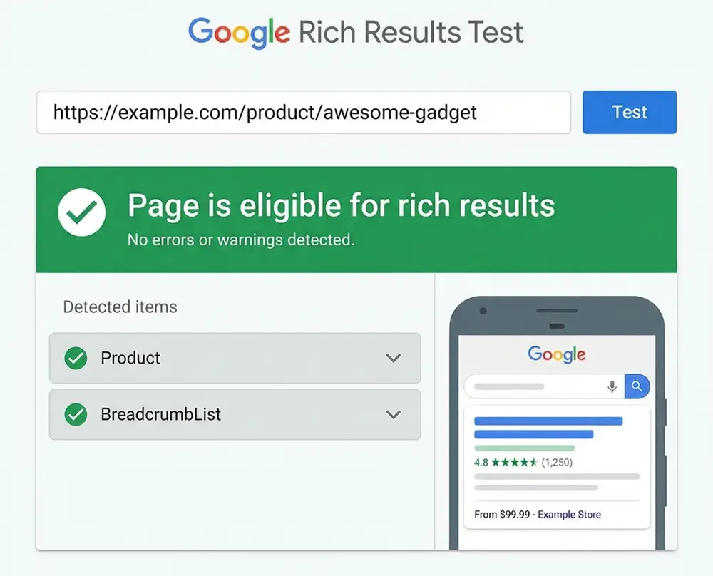 Résultat de validation Google Rich Results Test confirmant l'éligibilité aux résultats enrichis