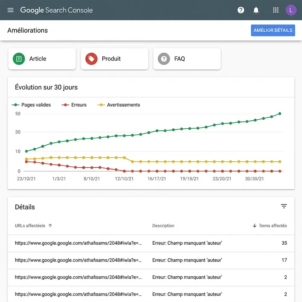 Google Search Console section Améliorations affichant l'évolution des données structurées valides et erreurs détectées