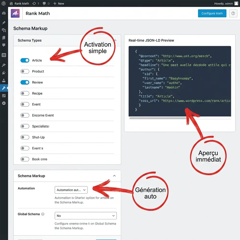 Interface de configuration Rank Math pour activer et personnaliser les types de schemas Schema.org