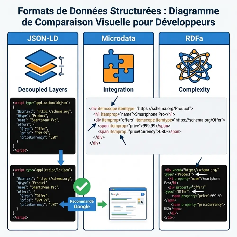 Comparaison visuelle des trois formats de données structurées : JSON-LD, Microdata et RDFa