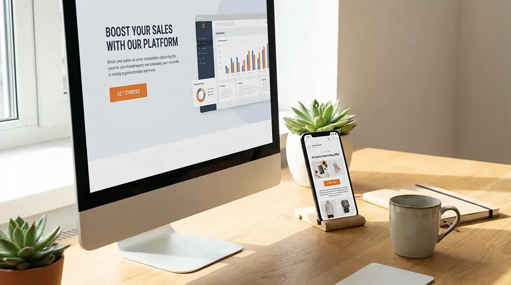 Ordinateur et smartphone affichant une page de vente et un e-mail marketing avec boutons CTA orange