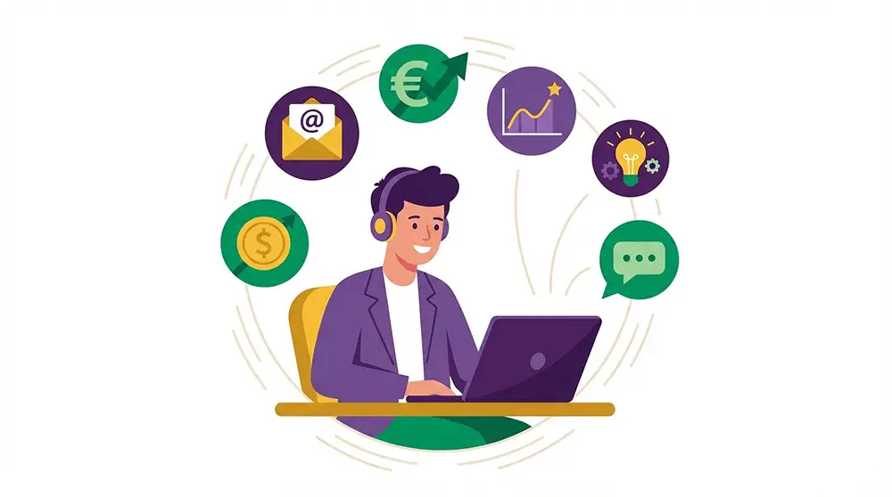 Illustration d'un copywriter freelance travaillant sur laptop entouré d'icônes e-mail, euro et graphique de croissance