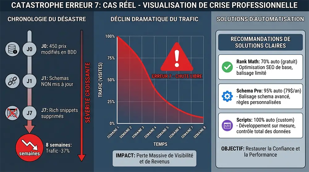 Erreur 7 cas réel : 450 produits non synchronisés = -37% trafic 8 semaines. Solutions : Rank Math, Schema Pro, scripts custom