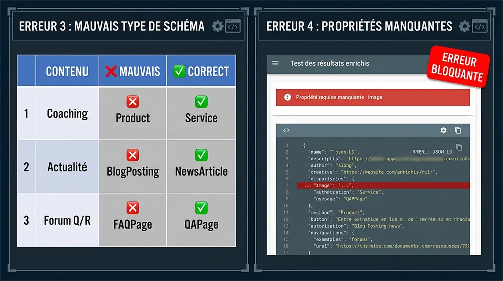 Erreurs 3 et 4 : mauvais type de schema (Product vs Service) et propriétés obligatoires manquantes bloquent l'affichage
