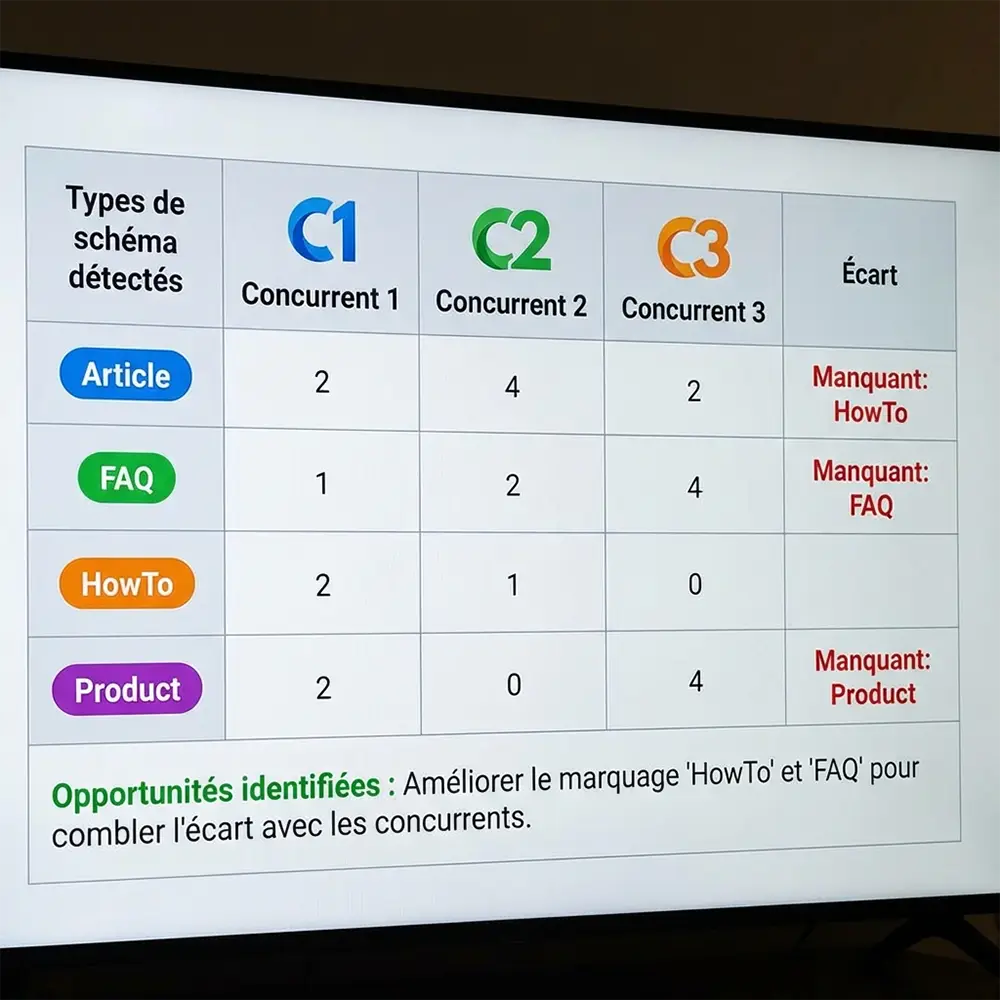 Tableau d'analyse concurrentielle montrant les types de schemas utilisés par les concurrents et opportunités identifiées