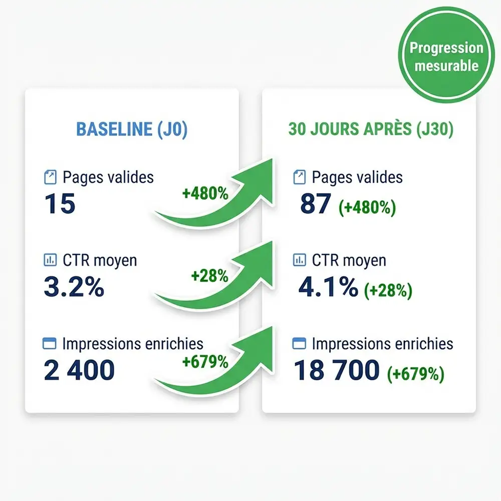 Comparaison baseline vs résultats 30 jours après implémentation des rich snippets montrant progression spectaculaire