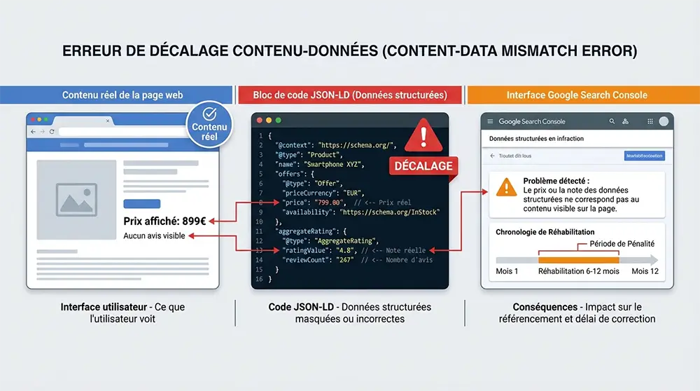 Exemple erreur critique : décalage prix/avis entre page (899€, 0 avis) et JSON-LD (799€, 247 avis) = pénalité Search Console