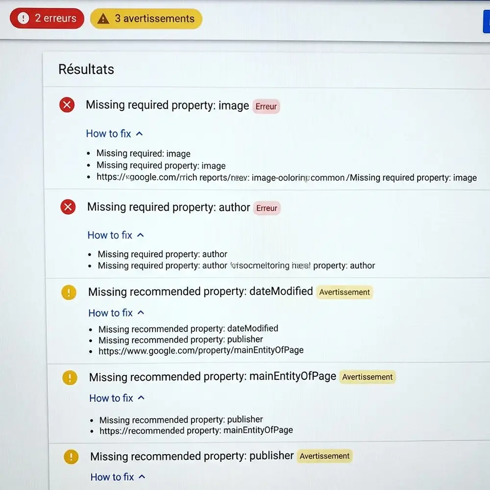 Exemple d'erreurs bloquantes et avertissements détectés par Google Rich Results Test avec solutions