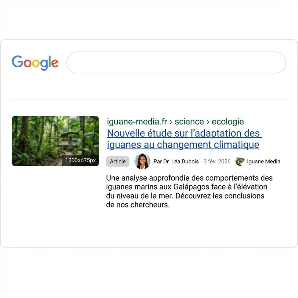 Rich snippet Article dans Google SERP avec auteur identifié, date de publication, image et logo éditeur