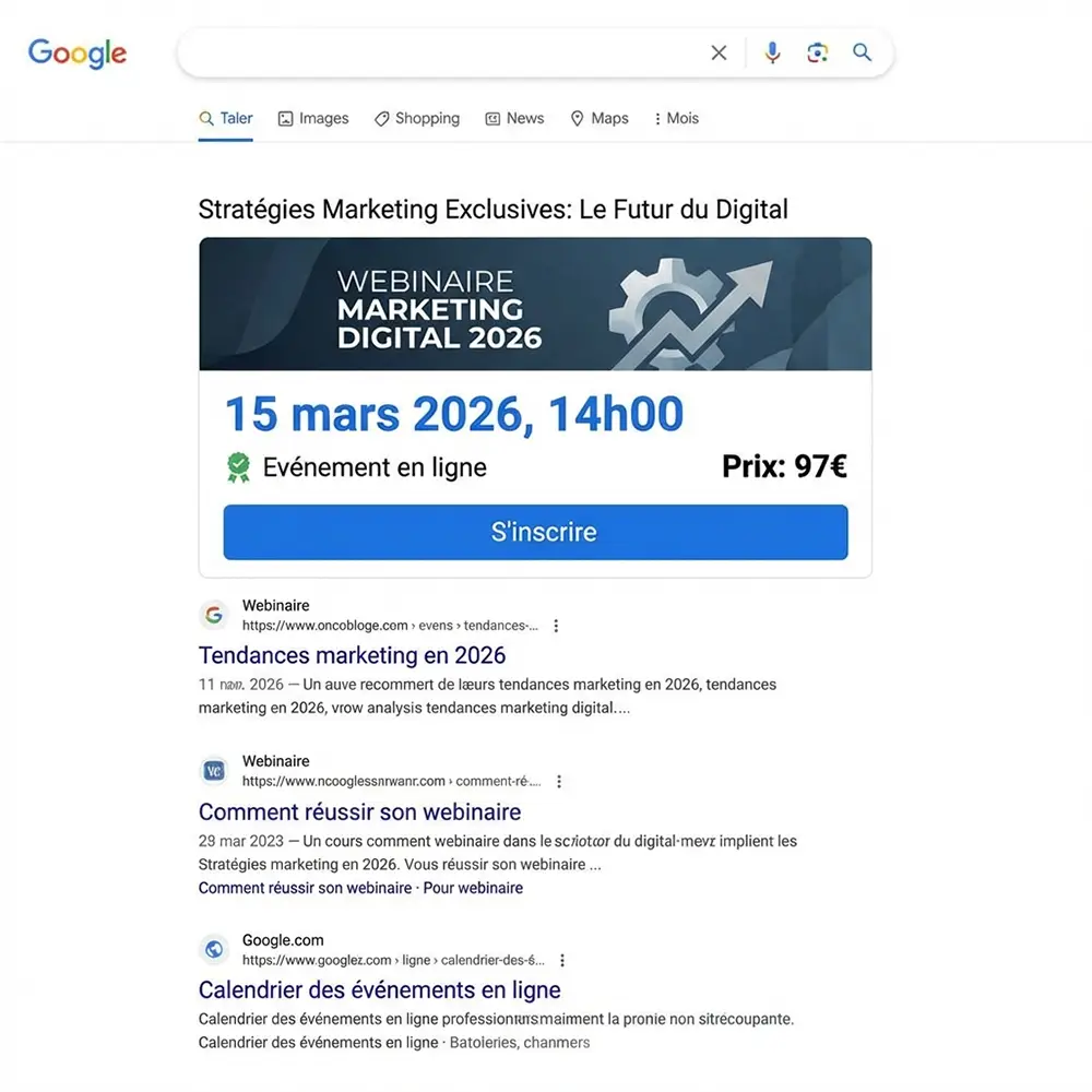 Rich snippet Event avec date, heure, prix et bouton d'inscription directement dans les résultats Google