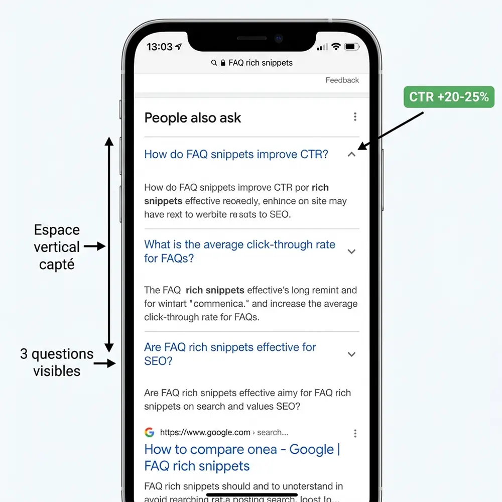 Exemple de rich snippet FAQPage dans Google SERP mobile avec format accordéon et 3 questions visibles
