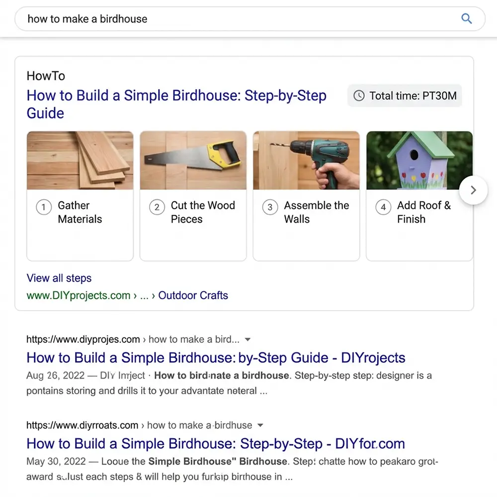 Rich snippet HowTo dans Google avec carrousel d'étapes numérotées, images et temps total affiché