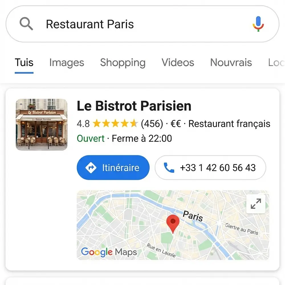 Rich snippet LocalBusiness avec horaires, téléphone cliquable, étoiles et intégration Google Maps
