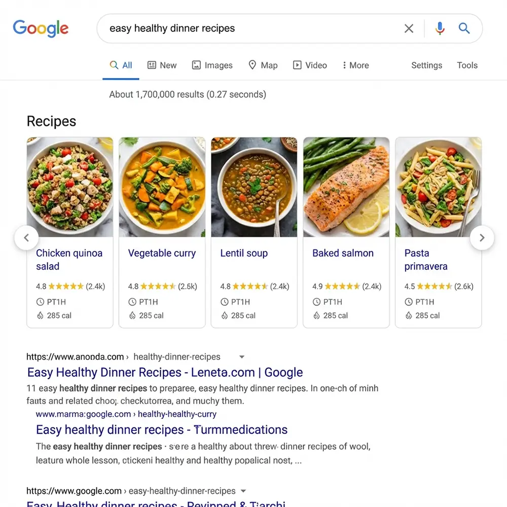 Carrousel rich snippets Recipe dans Google avec images, étoiles, temps de préparation et calories