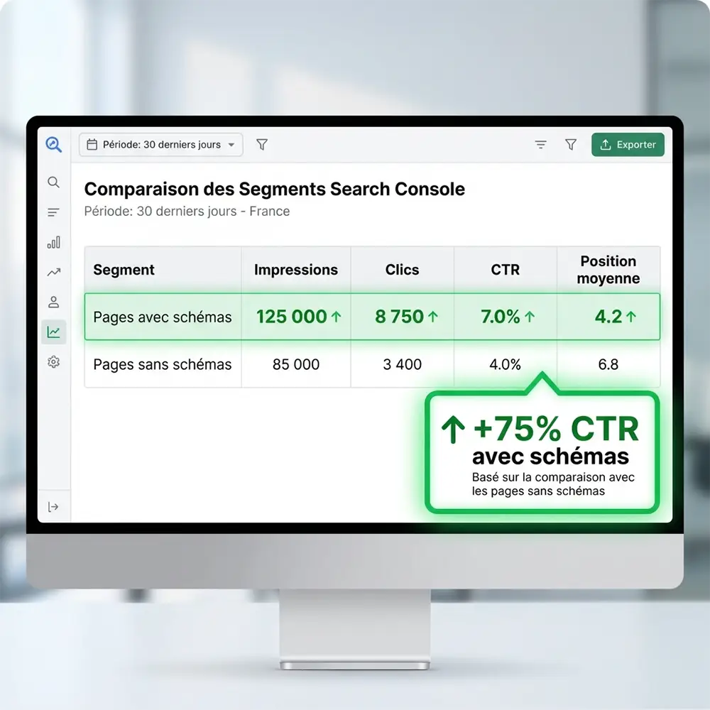 Comparaison de performance Search Console : pages avec vs sans données structurées montrant +75% de CTR