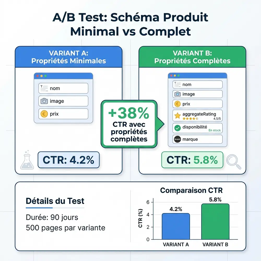 Exemple de test A/B comparant schemas Product avec propriétés minimales vs complètes montrant +38% CTR