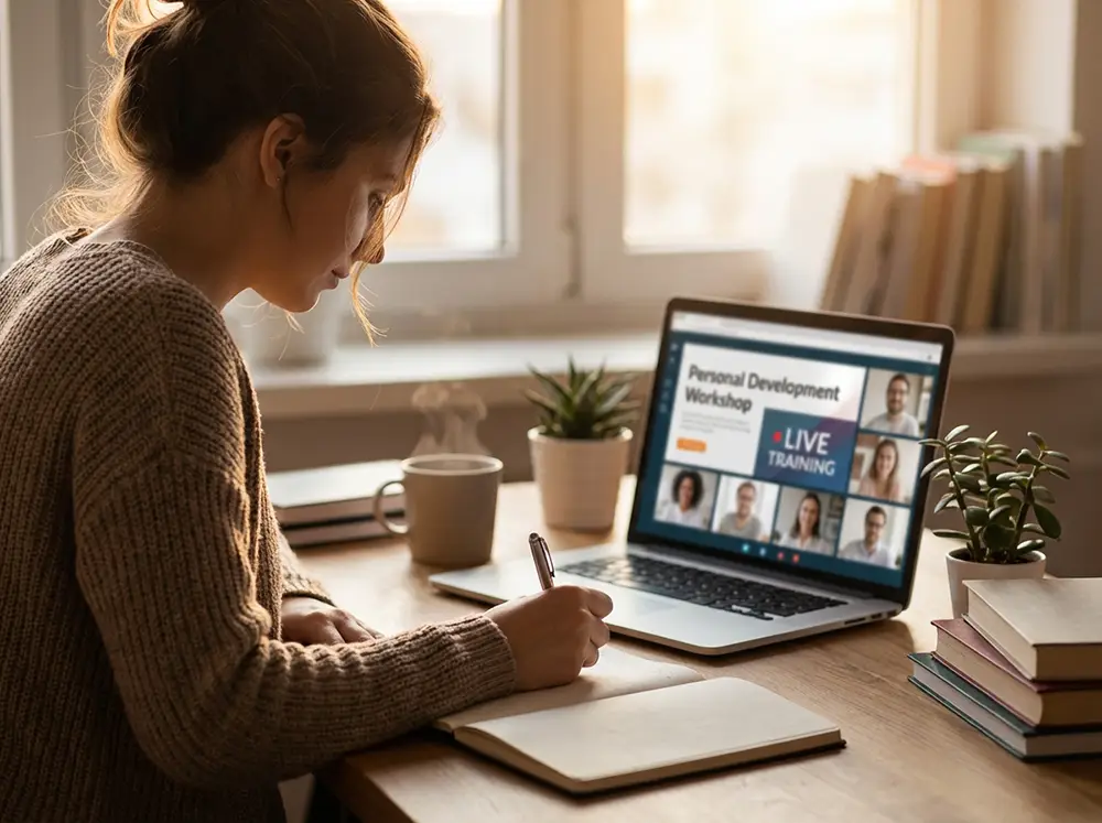 Personne écrivant dans un carnet devant un écran de formation copywriting en ligne dans un bureau lumineux