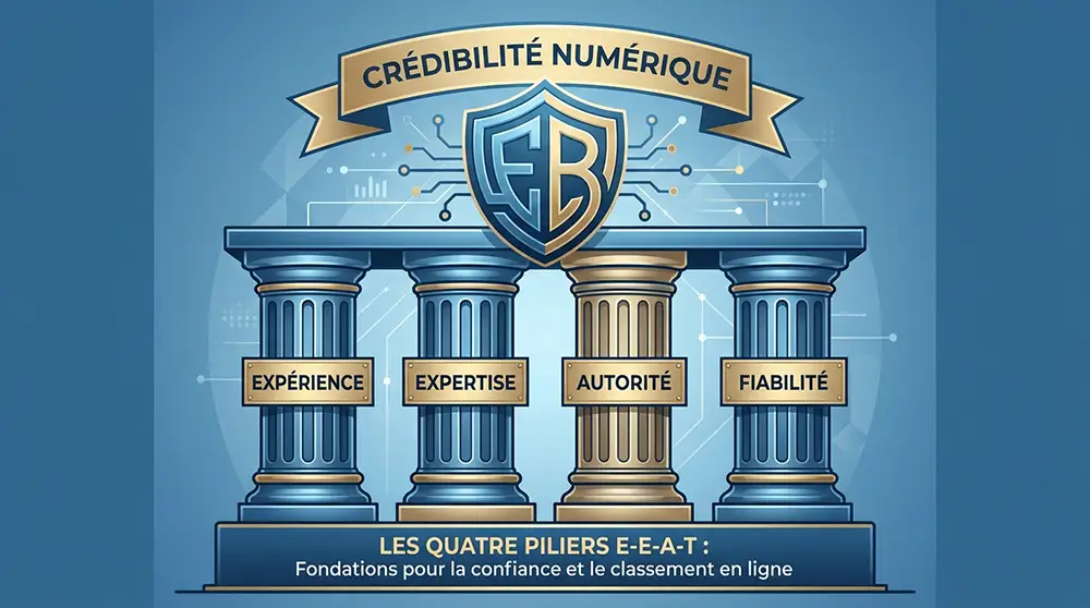 Infographie des quatre piliers E-E-A-T (Expérience, Expertise, Autorité, Fiabilité) appliqués à la stratégie GEO Generative Engine Optimization
