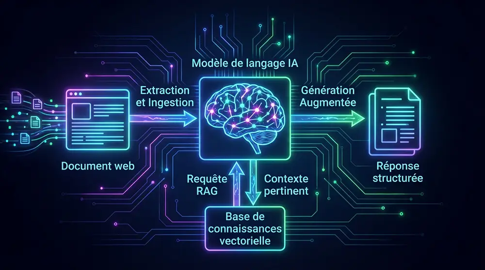 Fonctionnement LLM et RAG dans les moteurs génératifs pour le GEO Schéma du fonctionnement des LLM et du mécanisme RAG dans les moteurs de recherche génératifs comme ChatGPT et Perplexity AI pour le GEO