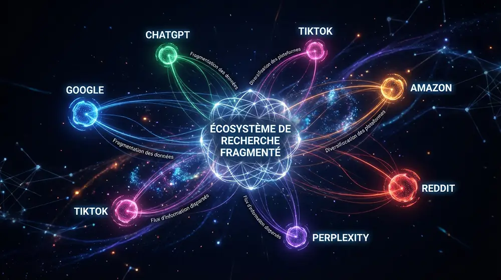 Visualisation de la fragmentation de l'écosystème de recherche en ligne entre Google, ChatGPT, TikTok, Amazon et Perplexity