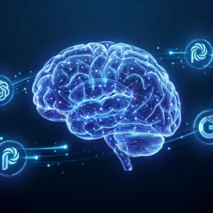 Illustration conceptuelle du GEO Generative Engine Optimization connectant cerveau numérique et moteurs IA comme ChatGPT et Perplexity