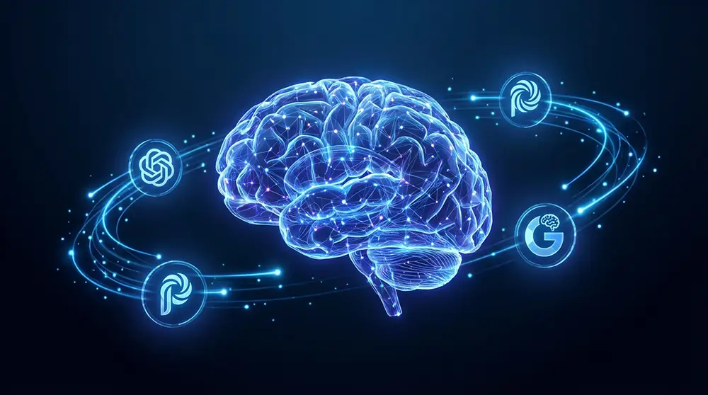 Illustration conceptuelle du GEO Generative Engine Optimization connectant cerveau numérique et moteurs IA comme ChatGPT et Perplexity