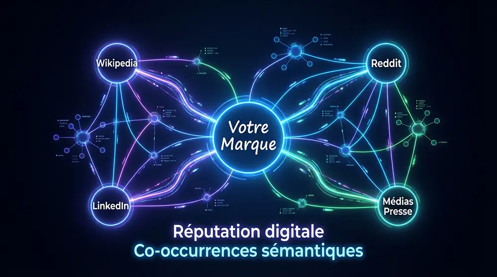 Réputation digitale E-E-A-T et mentions de marque pour le GEO Schéma illustrant l'importance de la réputation digitale, de l'E-E-A-T et des mentions de marque dans une stratégie GEO Generative Engine Optimization