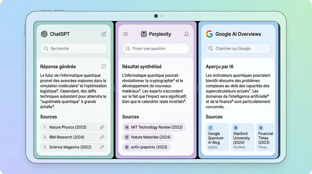 Visibilité GEO dans les réponses IA ChatGPT et Perplexity Exemple de réponse générée par Perplexity AI et ChatGPT citant une source web dans le cadre d'une stratégie GEO Generative Engine Optimization