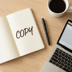 Bureau créatif avec carnet de copywriting, ordinateur portable affichant une page de vente et tasse de café