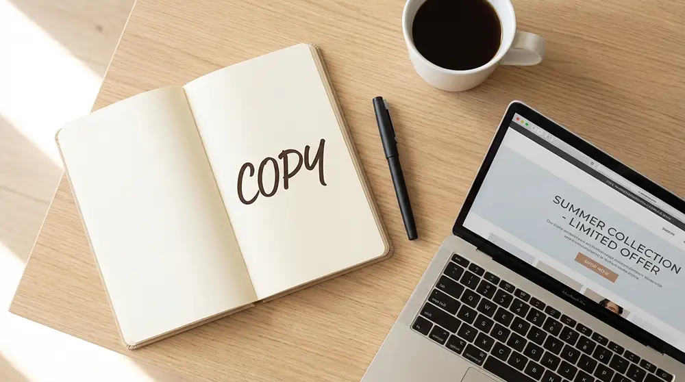 Bureau créatif avec carnet de copywriting, ordinateur portable affichant une page de vente et tasse de café