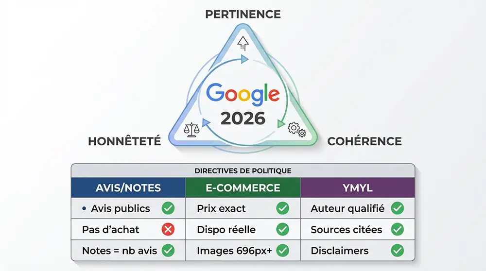 Guidelines Google 2026 : 3 principes cardinaux (pertinence, honnêteté, cohérence) et politiques par type de contenu