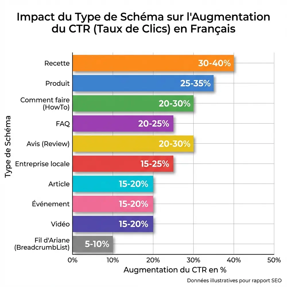Graphique comparatif de l'impact CTR des 10 types de schemas Schema.org les plus performants en 2026