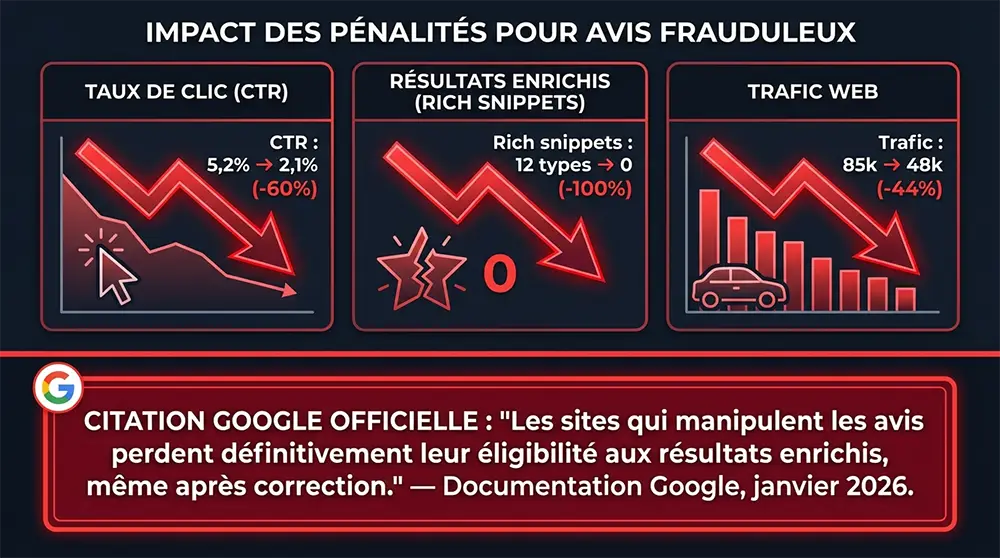 Impact pénalité faux avis : -60% CTR, -100% snippets, -44% trafic + citation Google sur blacklist permanent